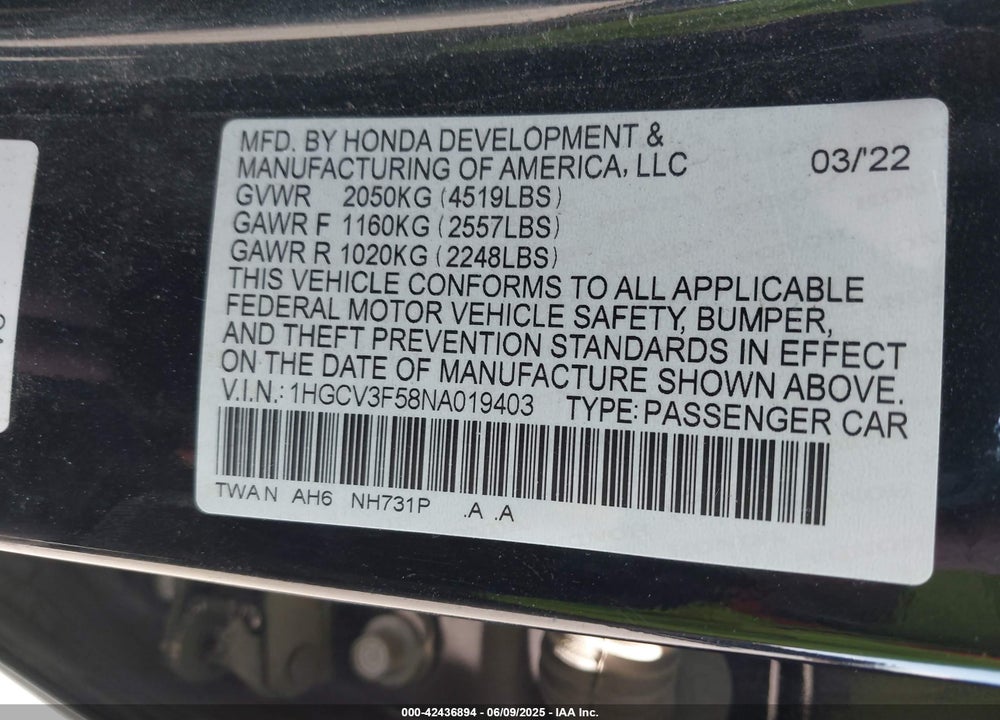 2022 HONDA ACCORD HYBRID EX-L VIN: 1HGCV3F58NA019403