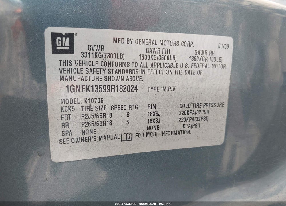 2009 CHEVROLET TAHOE HYBRID VIN: 1GNFK13599R182024