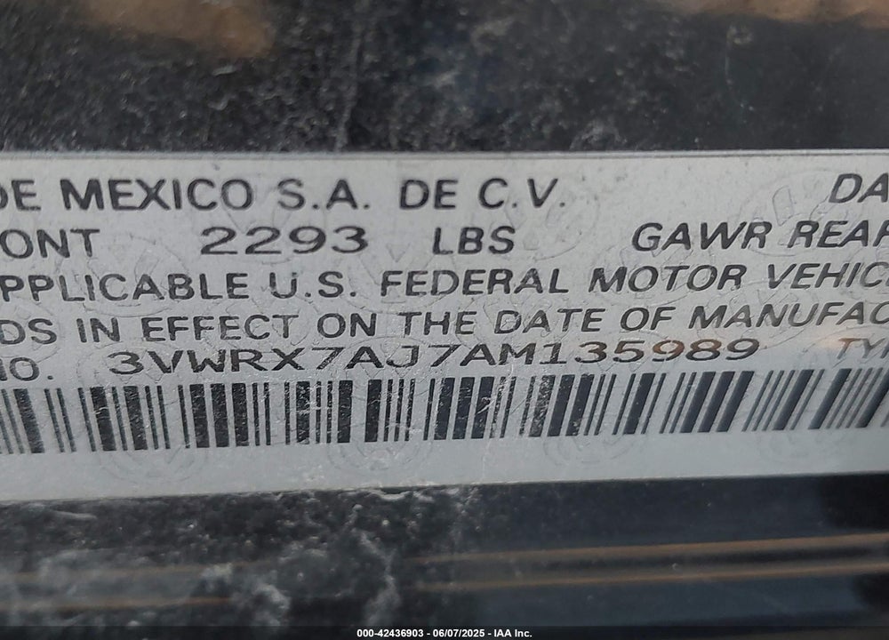 2010 VOLKSWAGEN JETTA VIN: 3VWRX7AJ7AM135989