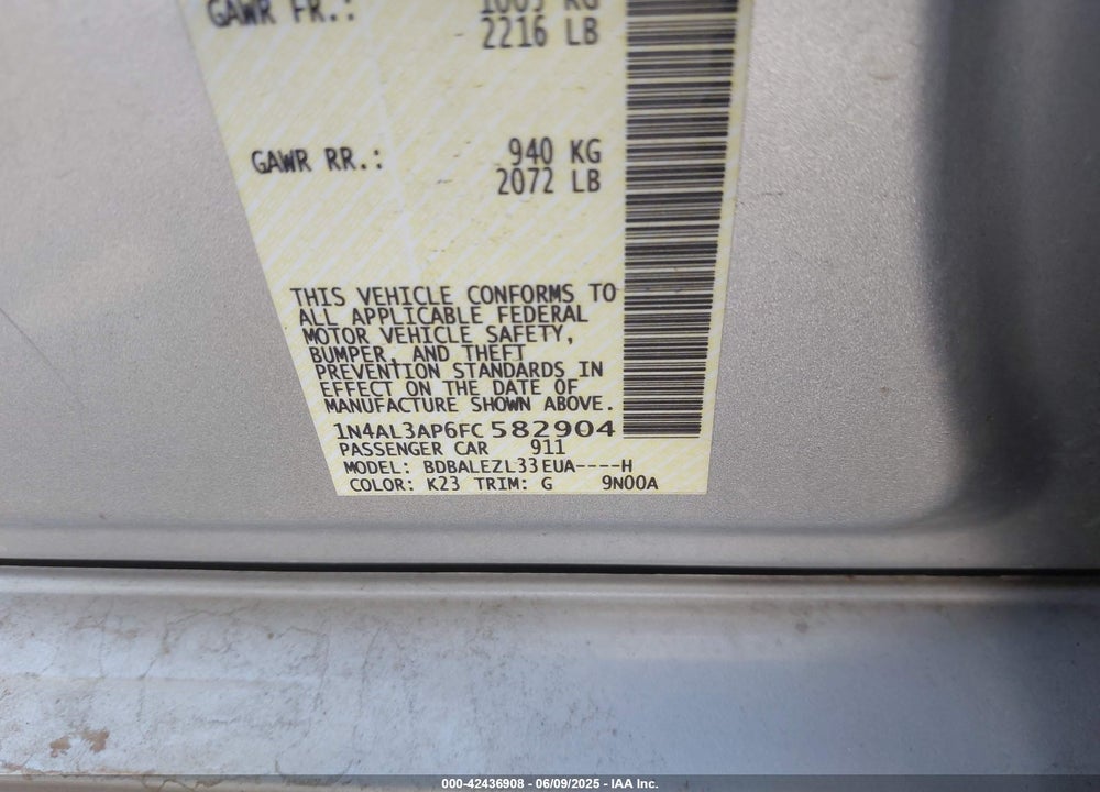 2015 NISSAN ALTIMA VIN: 1N4AL3AP6FC582904