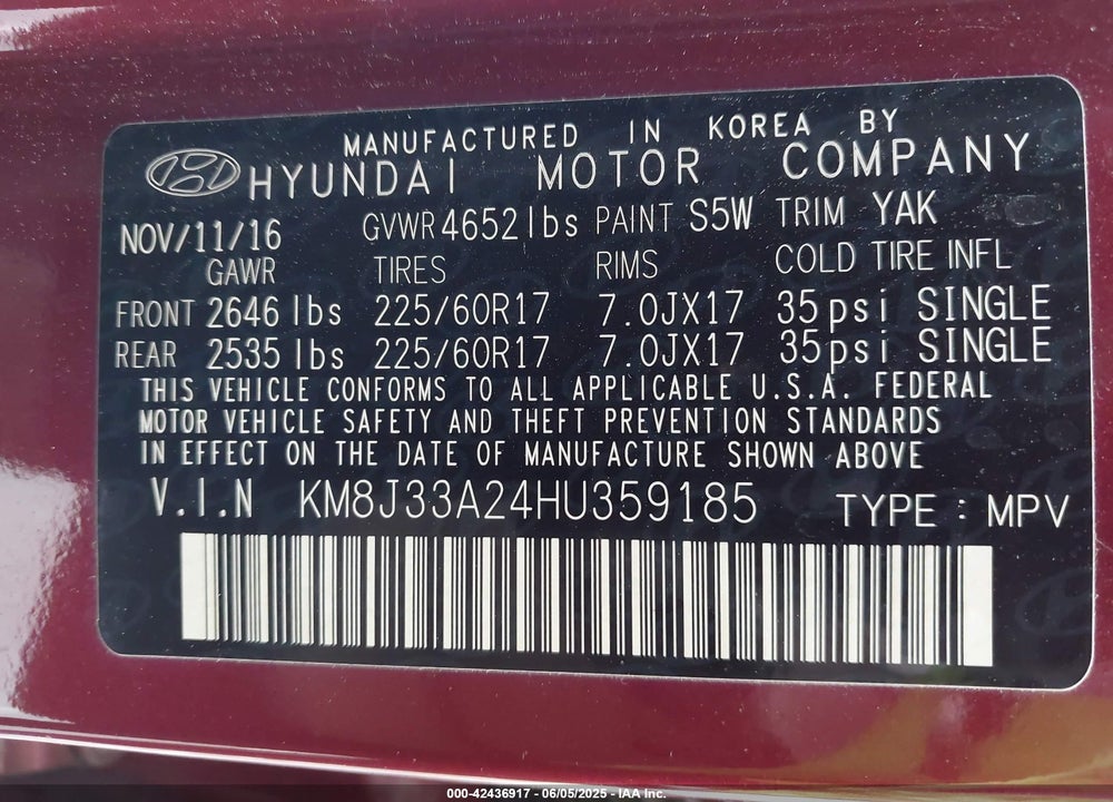 2017 HYUNDAI TUCSON ECO VIN: KM8J33A24HU359185