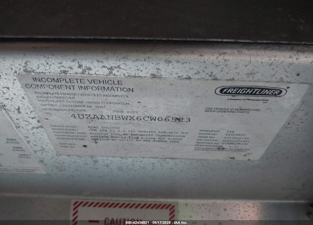 2006 FREIGHTLINER CHASSIS VIN: 4UZAANBWX6CW06523