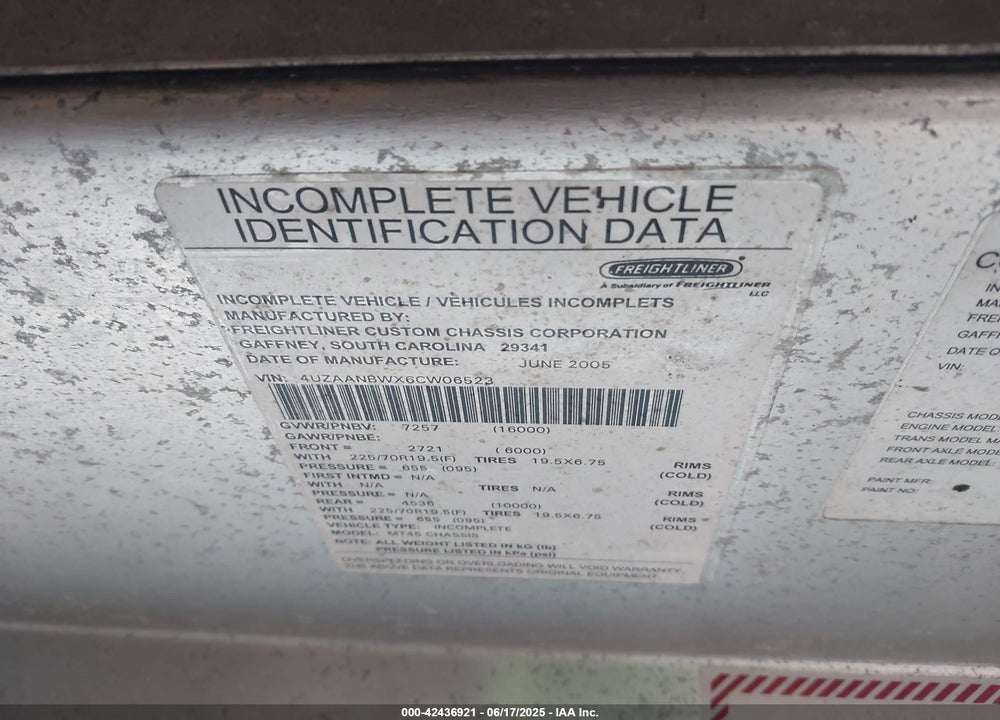 2006 FREIGHTLINER CHASSIS VIN: 4UZAANBWX6CW06523
