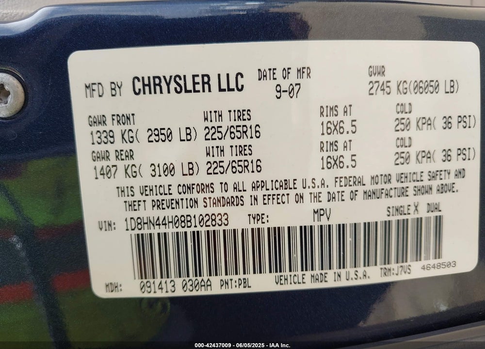 2008 DODGE GRAND CARAVAN SE VIN: 1D8HN44H08B102833
