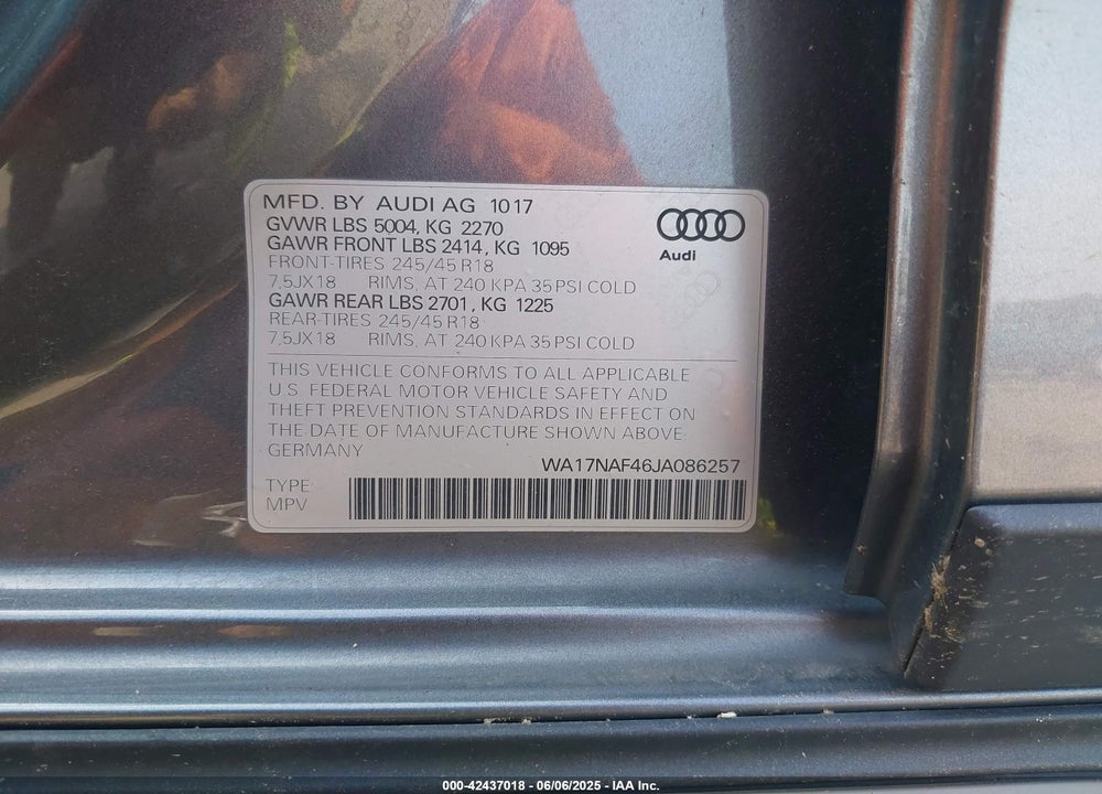 2018 AUDI A4 ALLROAD VIN: WA17NAF46JA086257