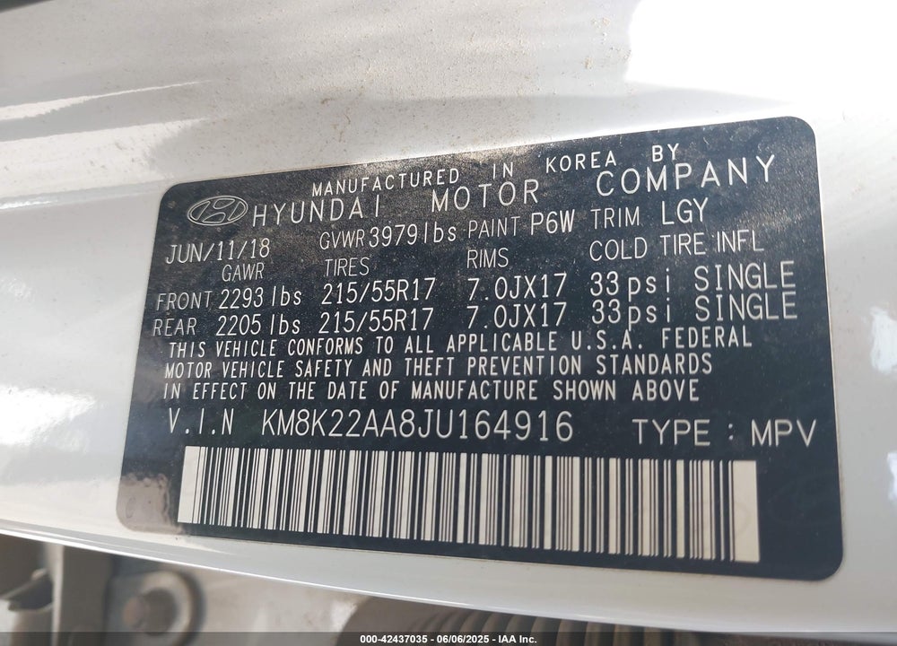 2018 HYUNDAI KONA VIN: KM8K22AA8JU164916