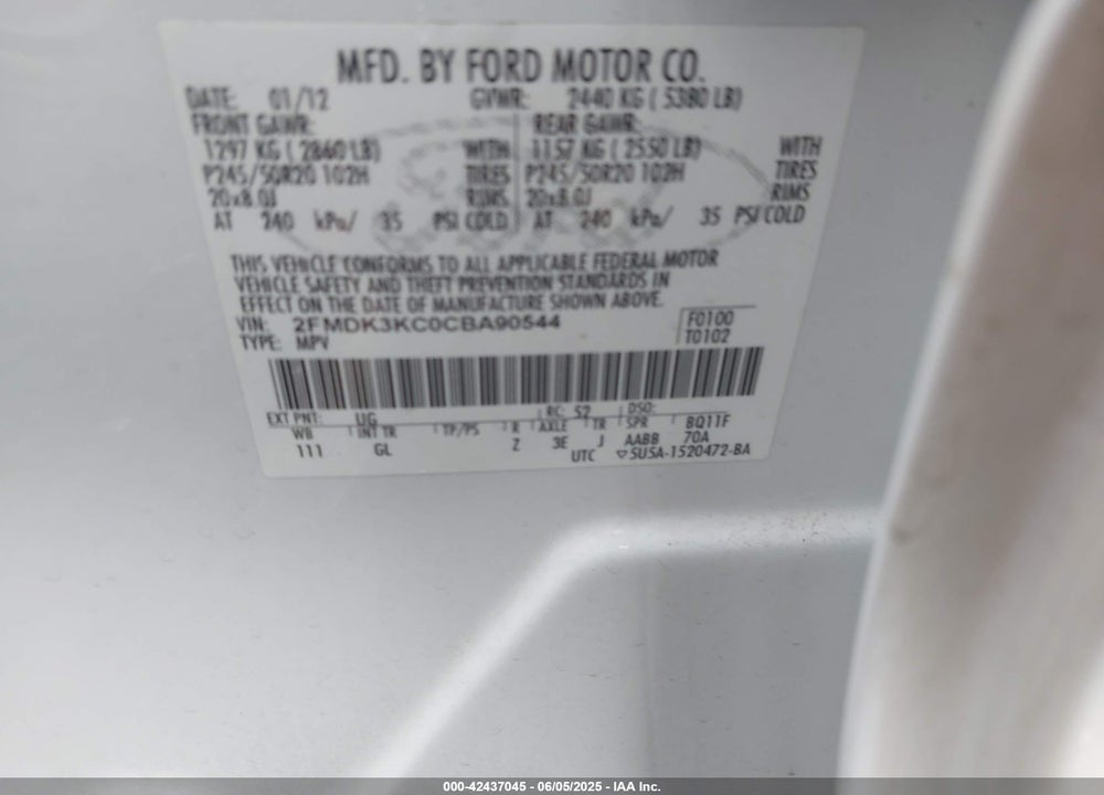 2012 FORD EDGE LIMITED VIN: 2FMDK3KC0CBA90544