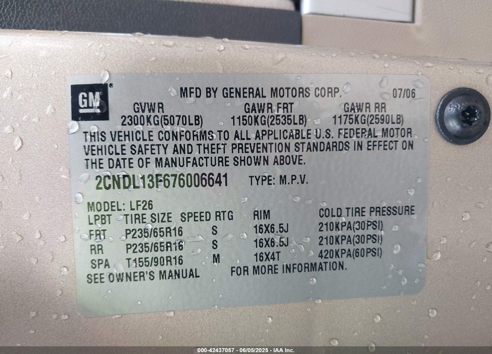 2007 CHEVROLET EQUINOX LS VIN: 2CNDL13F676006641