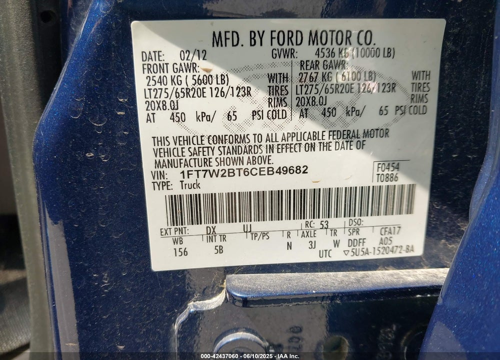 2012 FORD F-250 VIN: 1FT7W2BT6CEB49682