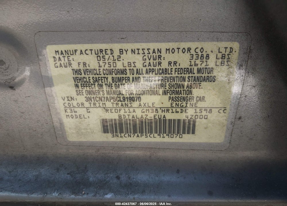 2012 NISSAN VERSA VIN: 3N1CN7AP5CL919070