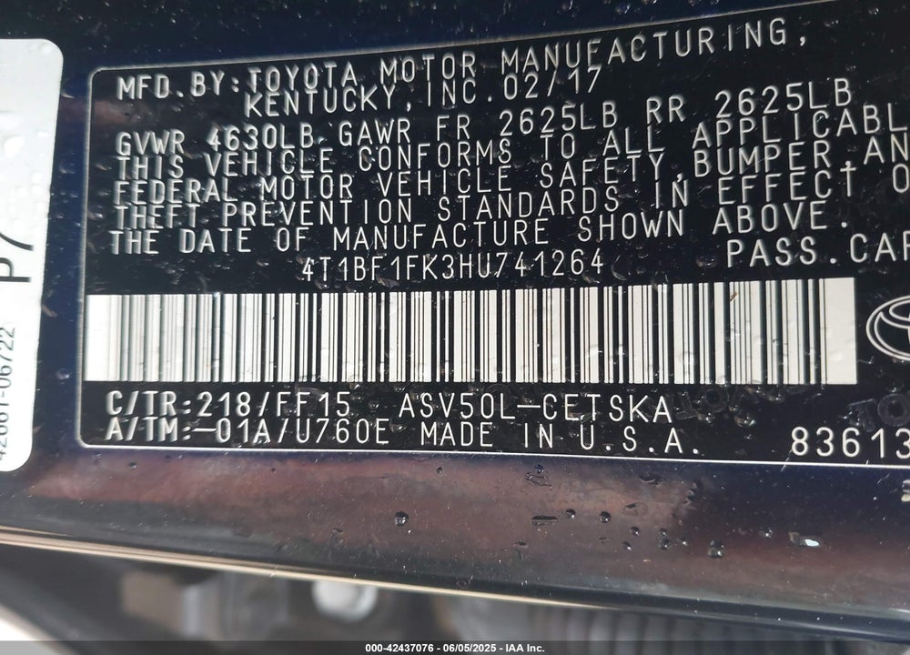 2017 TOYOTA CAMRY VIN: 4T1BF1FK3HU741264