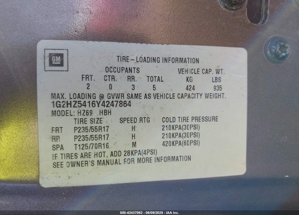 2000 PONTIAC BONNEVILLE SSEI VIN: 1G2HZ5416Y4247864