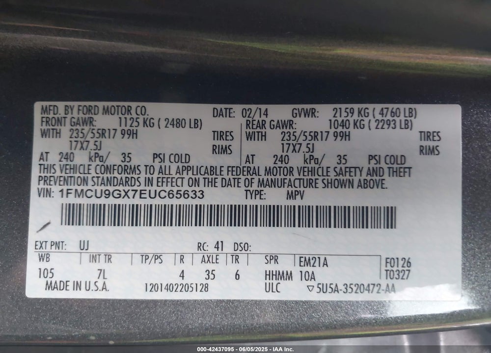 2014 FORD ESCAPE SE VIN: 1FMCU9GX7EUC65633