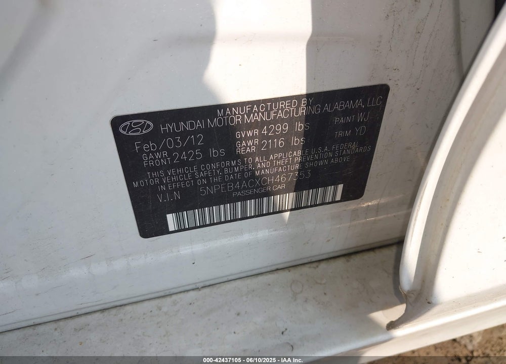2012 HYUNDAI SONATA VIN: 5NPEB4ACXCH467353