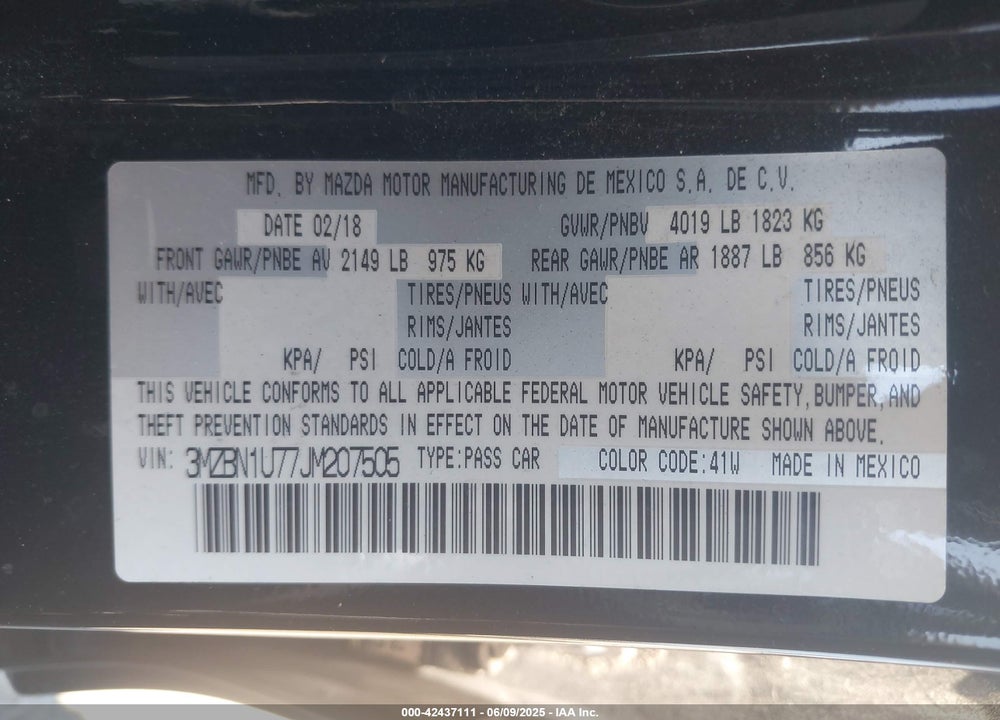 2018 MAZDA 3 VIN: 3MZBN1U77JM207505