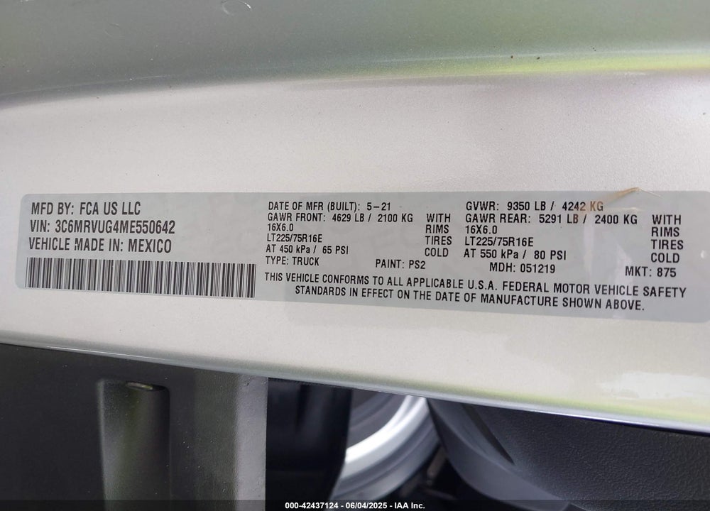 2021 RAM PROMASTER 3500 CAMPER VAN VIN: 3C6MRVUG4ME550642