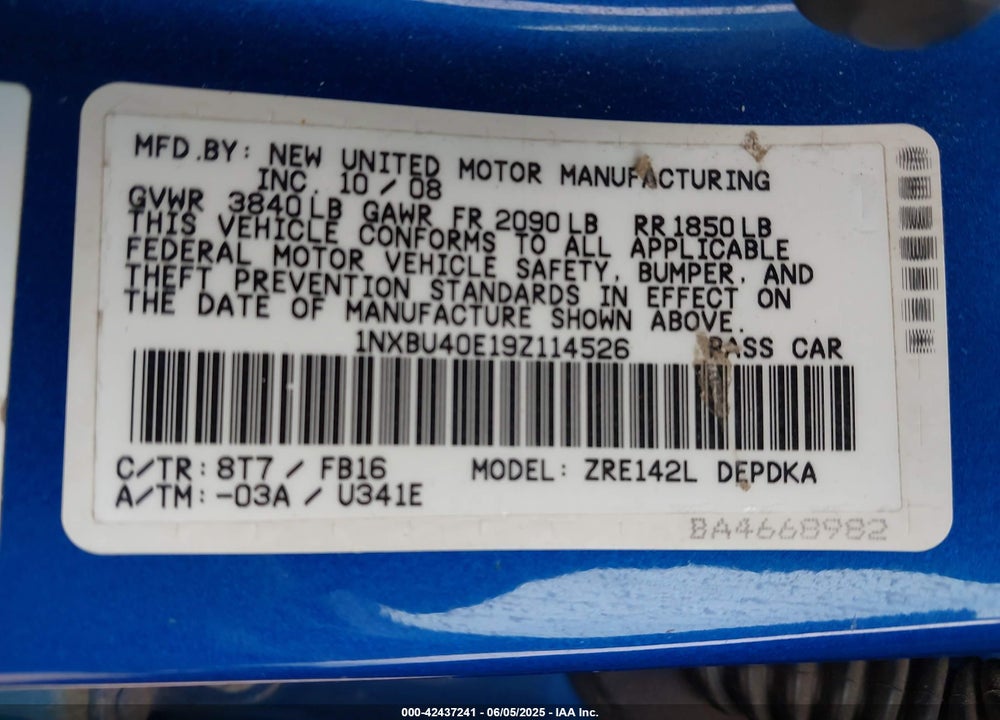 2009 TOYOTA COROLLA VIN: 1NXBU40E19Z114526
