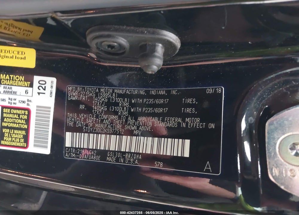2019 TOYOTA SIENNA VIN: 5TDYZ3DC2KS977512