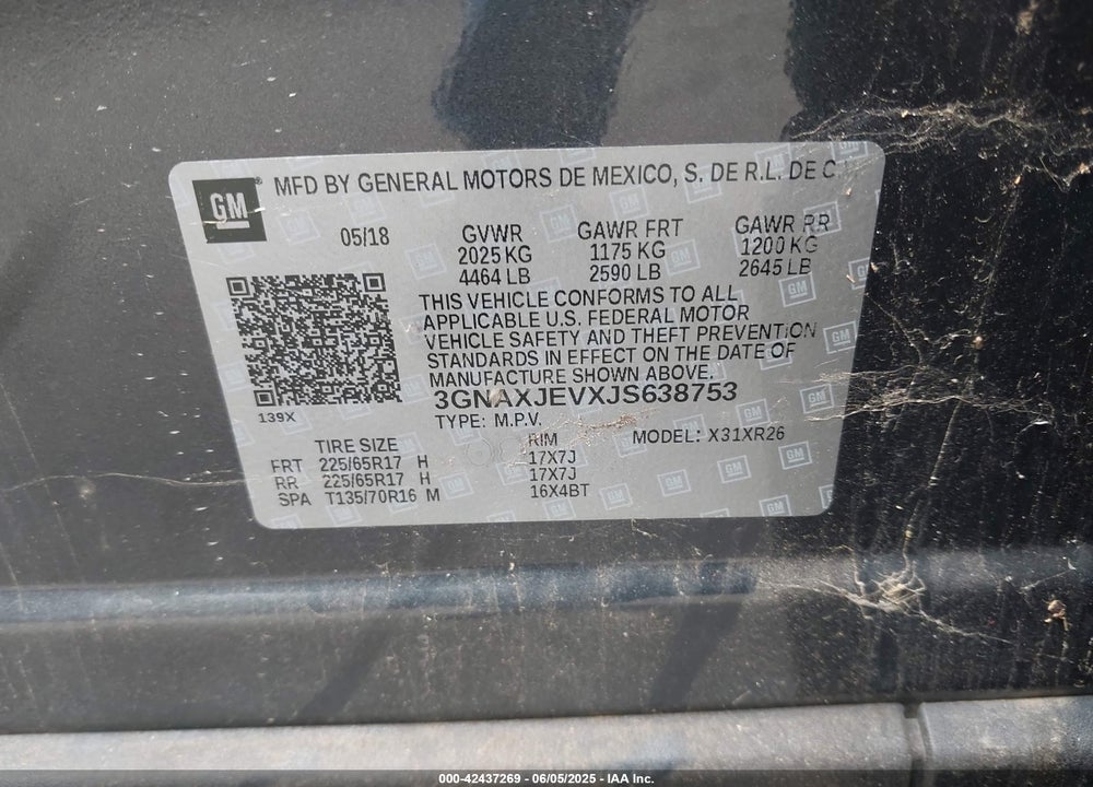 2018 CHEVROLET EQUINOX LT VIN: 3GNAXJEVXJS638753