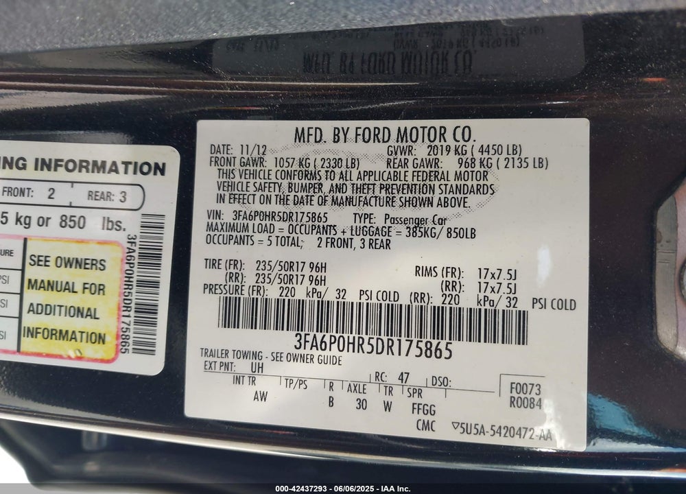 2013 FORD FUSION VIN: 3FA6P0HR5DR175865