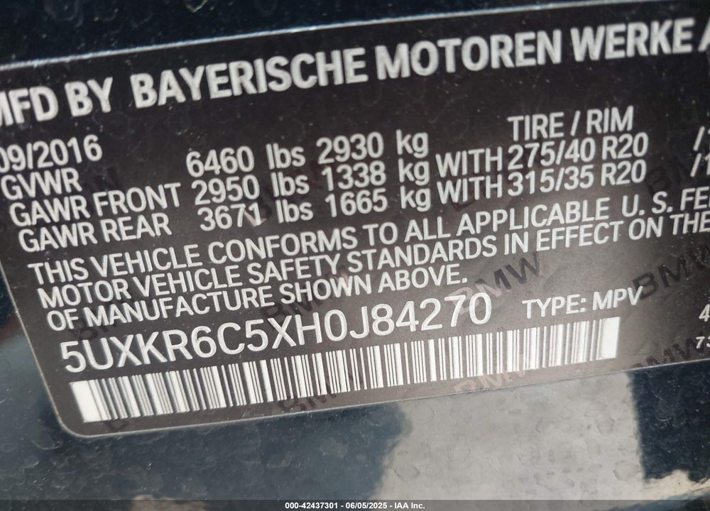 2017 BMW X5 XDRIVE50I VIN: 5UXKR6C5XH0J84270
