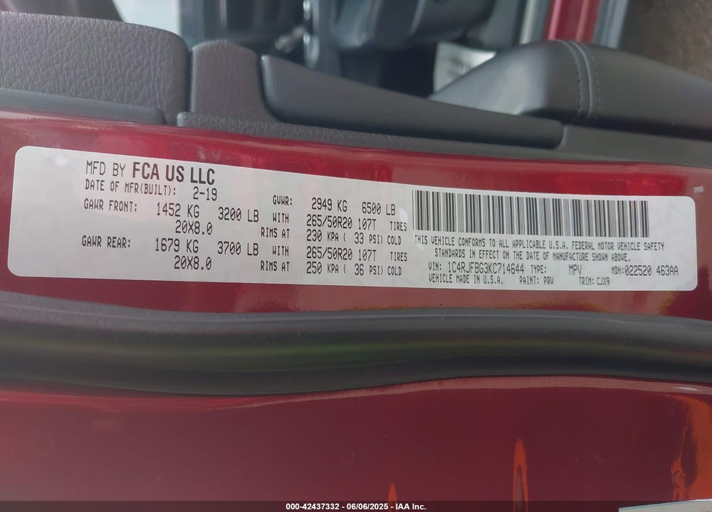 2019 JEEP GRAND CHEROKEE VIN: 1C4RJFBG3KC714644