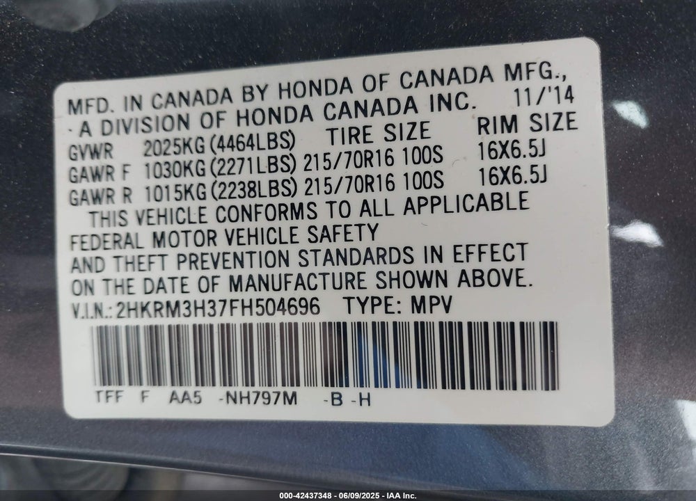 2015 HONDA CR-V LX VIN: 2HKRM3H37FH504696