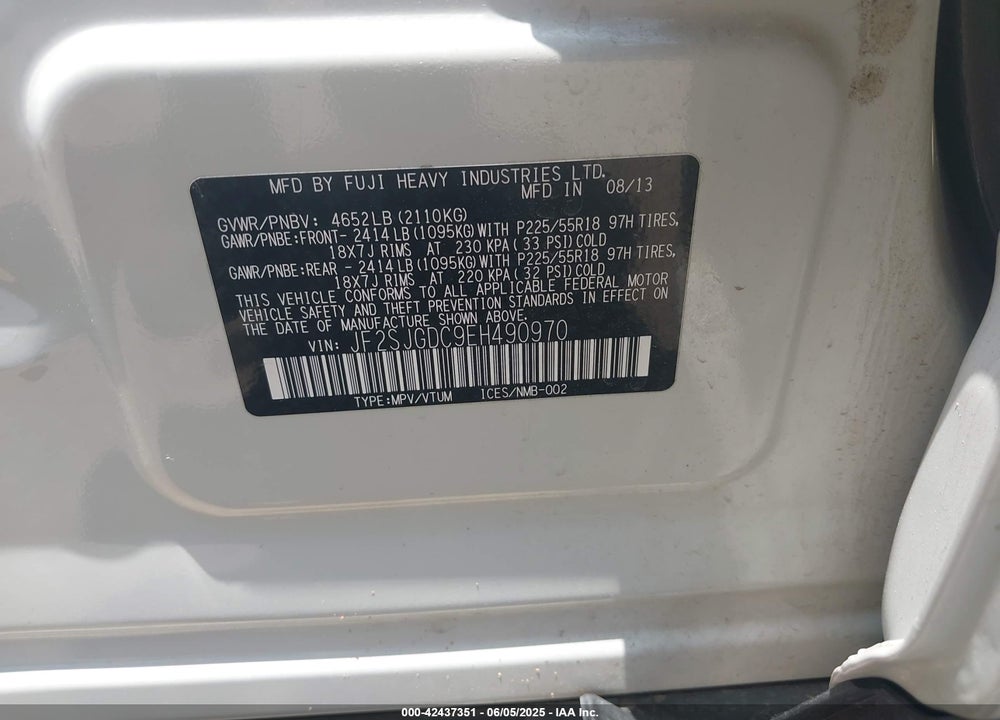 2014 SUBARU FORESTER VIN: JF2SJGDC9EH490970