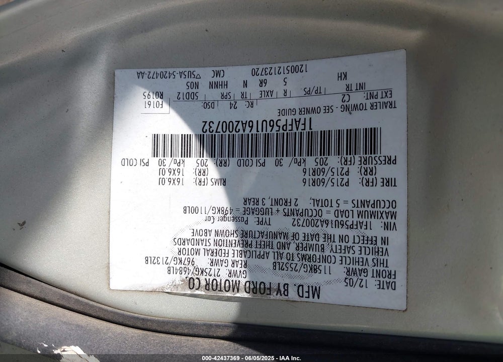 2006 FORD TAURUS SEL VIN: 1FAFP56U16A200732