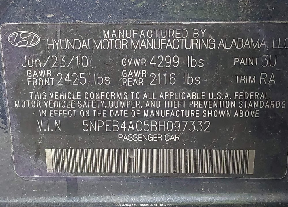 2011 HYUNDAI SONATA GLS VIN: 5NPEB4AC5BH097332