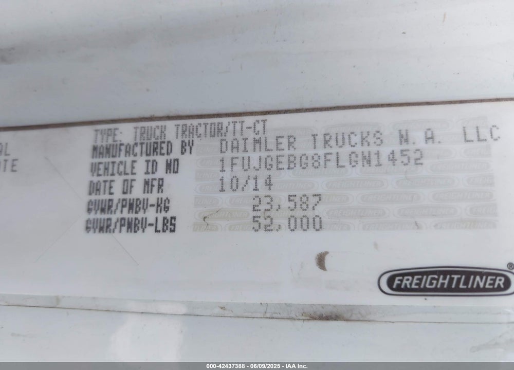 2015 FREIGHTLINER CASCADIA 125 --- VIN: 1FUJGEBG8FLGN1452