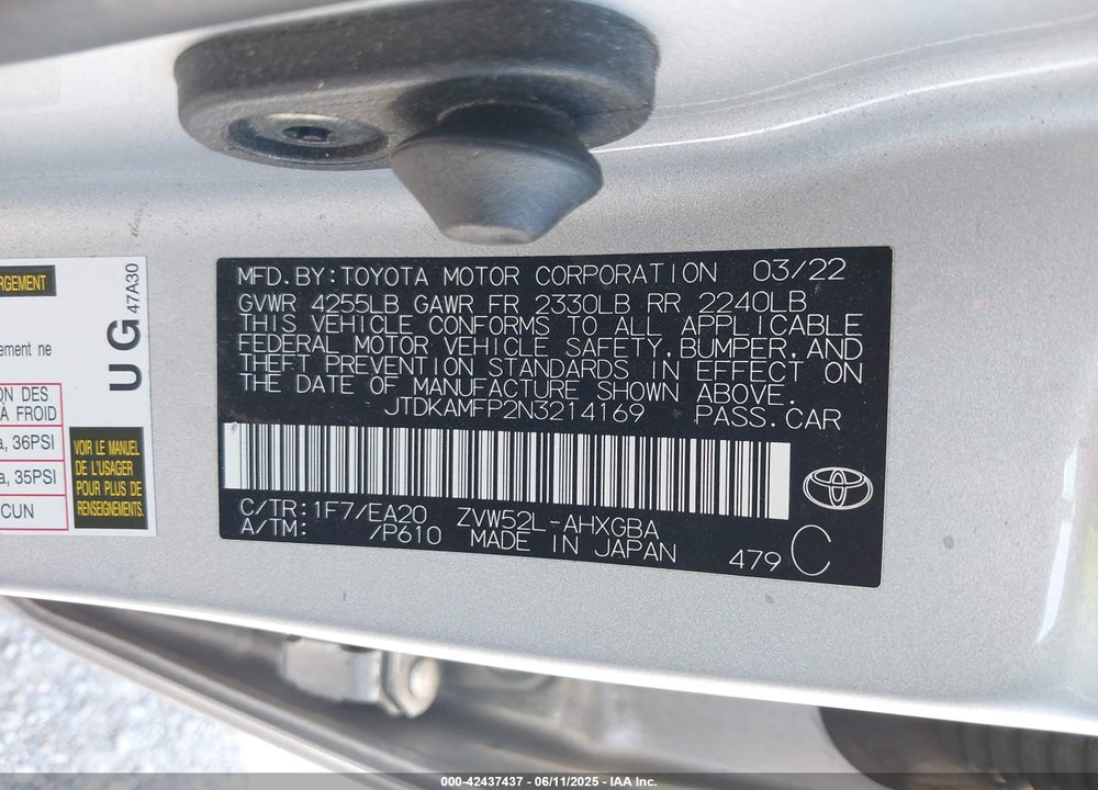 2022 TOYOTA PRIUS PRIME VIN: JTDKAMFP2N3214169