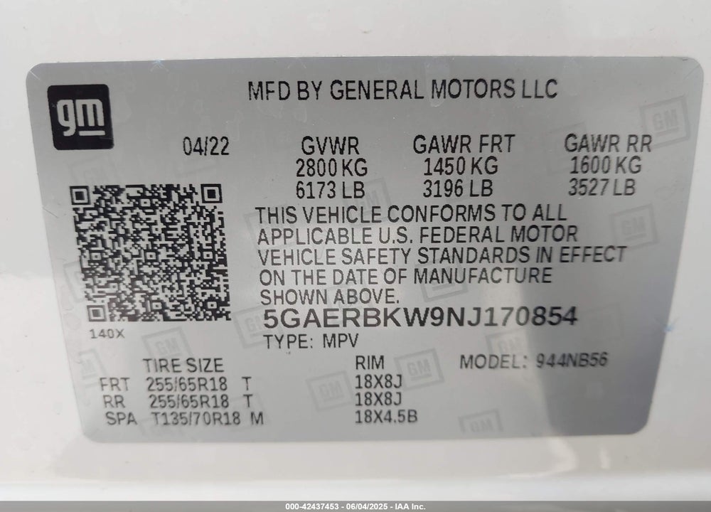 2022 BUICK ENCLAVE FWD ESSENCE VIN: 5GAERBKW9NJ170854