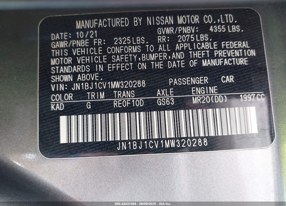 2021 NISSAN ROGUE SPORT VIN: JN1BJ1CV1MW320288