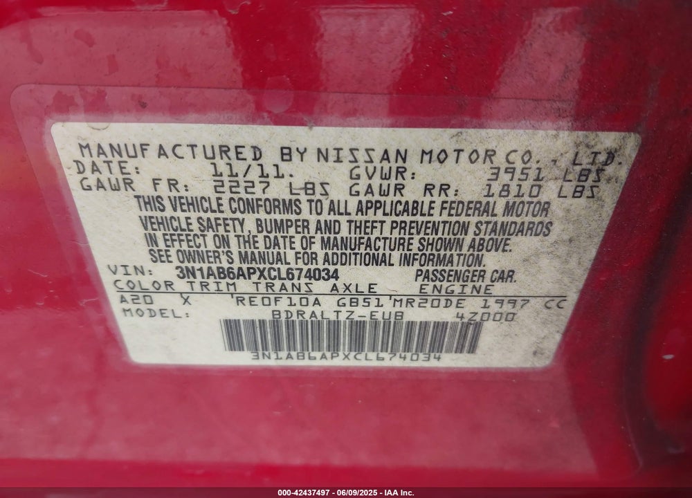 2012 NISSAN SENTRA 2.0 SR VIN: 3N1AB6APXCL674034