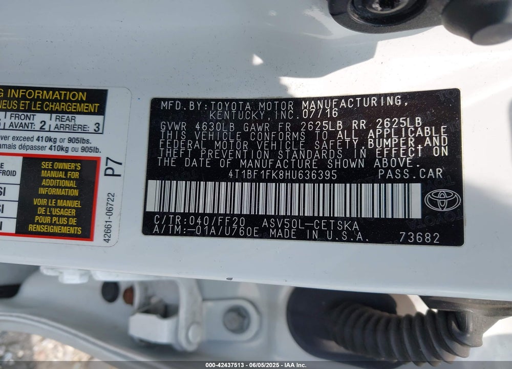 2017 TOYOTA CAMRY VIN: 4T1BF1FK8HU636395