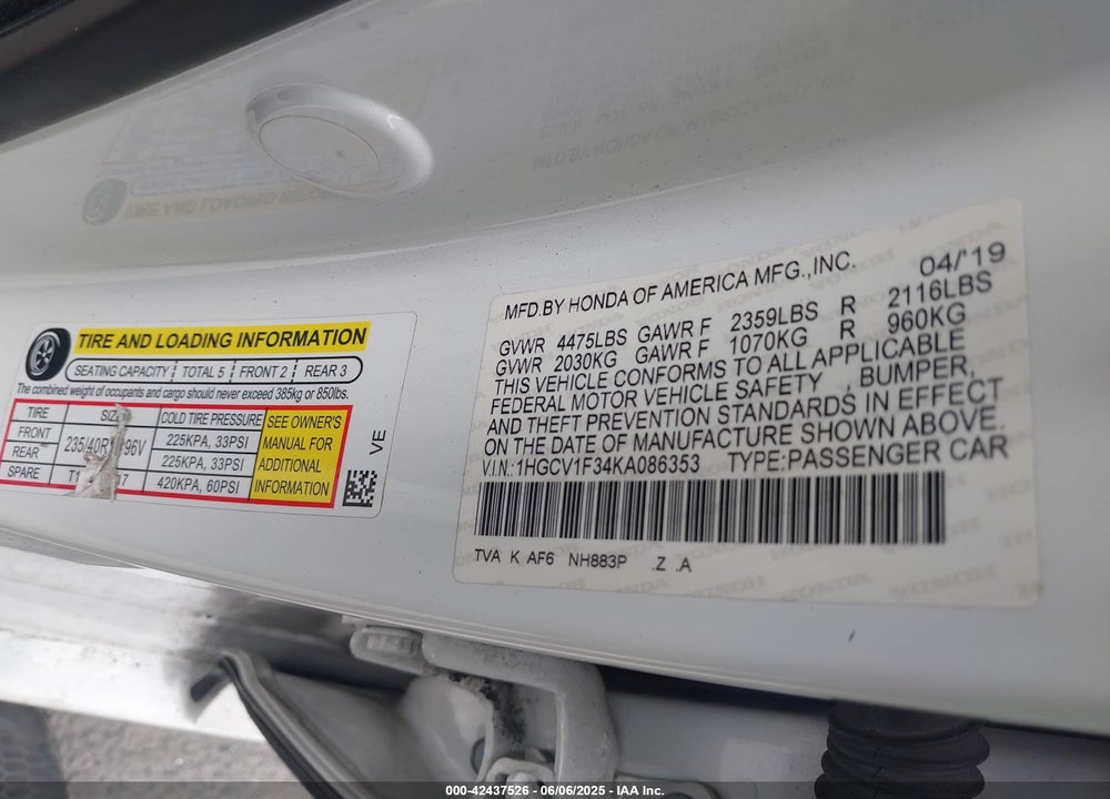 2019 HONDA ACCORD VIN: 1HGCV1F34KA086353