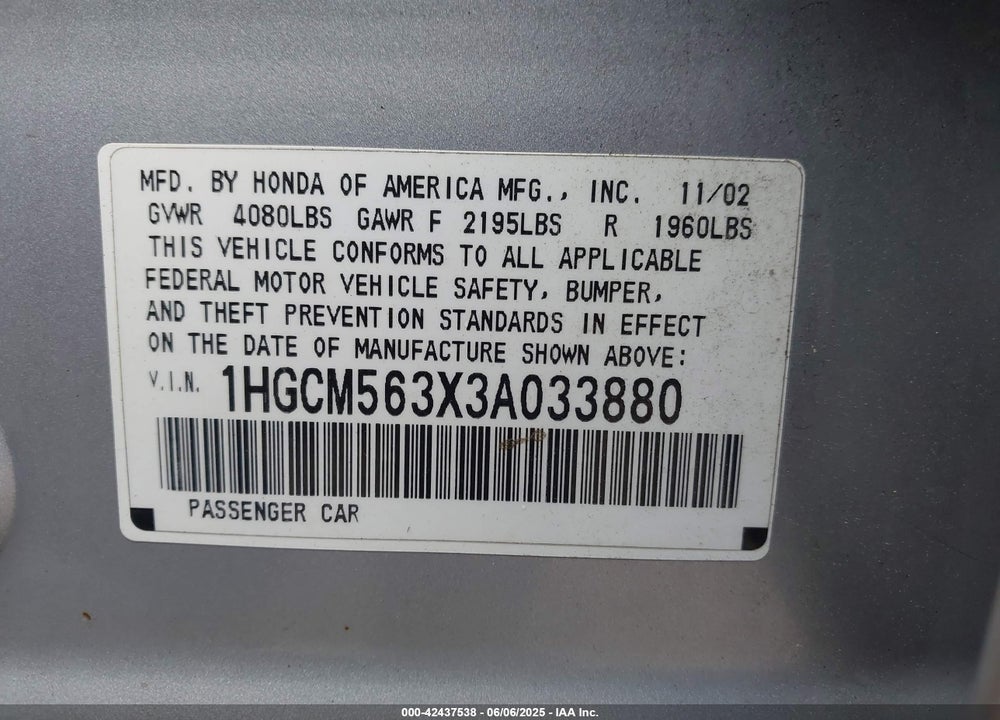2003 HONDA ACCORD 2.4 LX VIN: 1HGCM563X3A033880