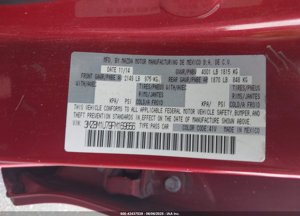 2015 MAZDA 3 VIN: 3MZBM1U79FM169656