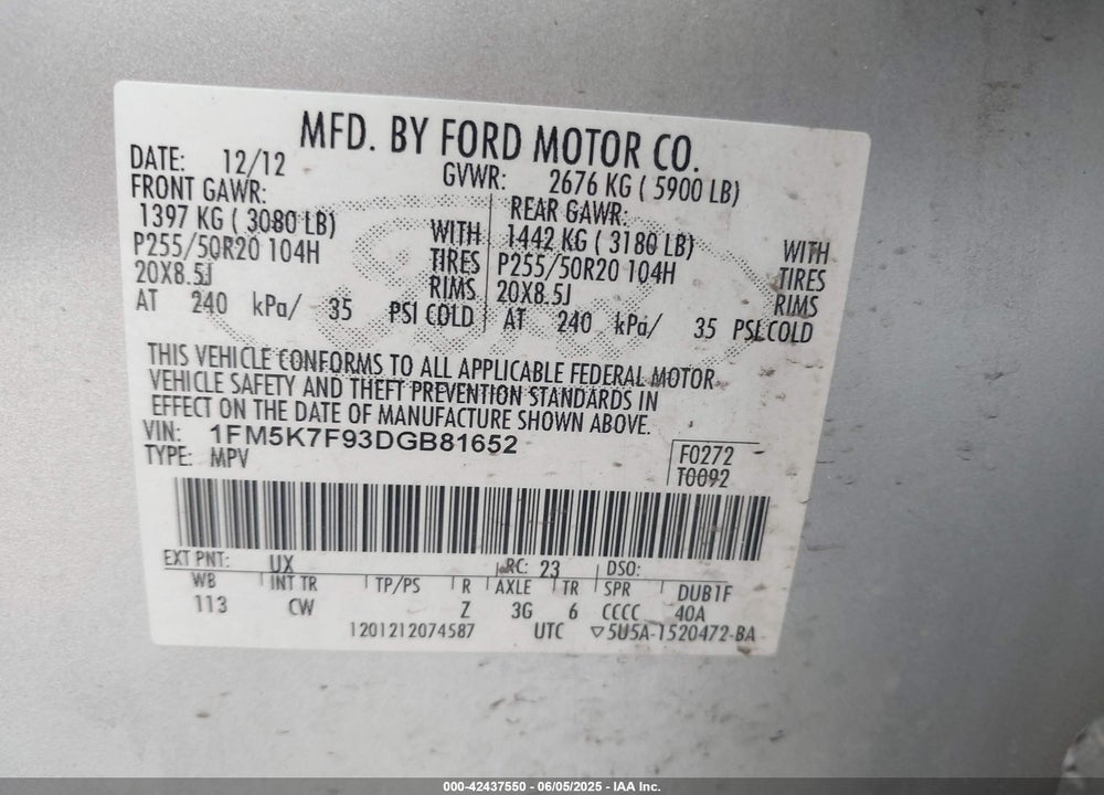 2013 FORD EXPLORER VIN: 1FM5K7F93DGB81652