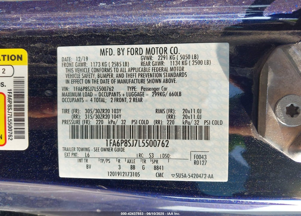 2020 FORD MUSTANG SHELBY GT500 FASTBACK VIN: 1FA6P8SJ7L5500762