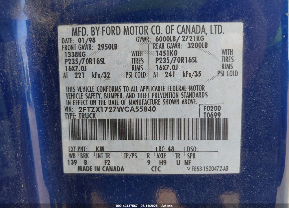 1998 FORD F-150 STANDARD/XL/XLT VIN: 2FTZX1727WCA55840
