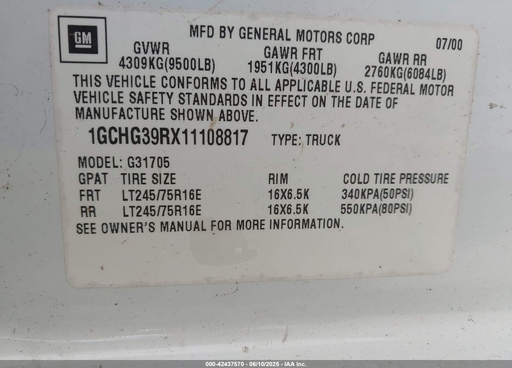 2001 CHEVROLET EXPRESS VIN: 1GCHG39RX11108817