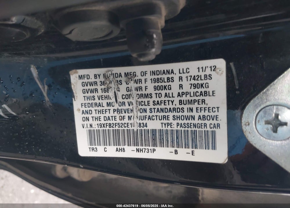 2012 HONDA CIVIC LX VIN: 19XFB2F52CE109834