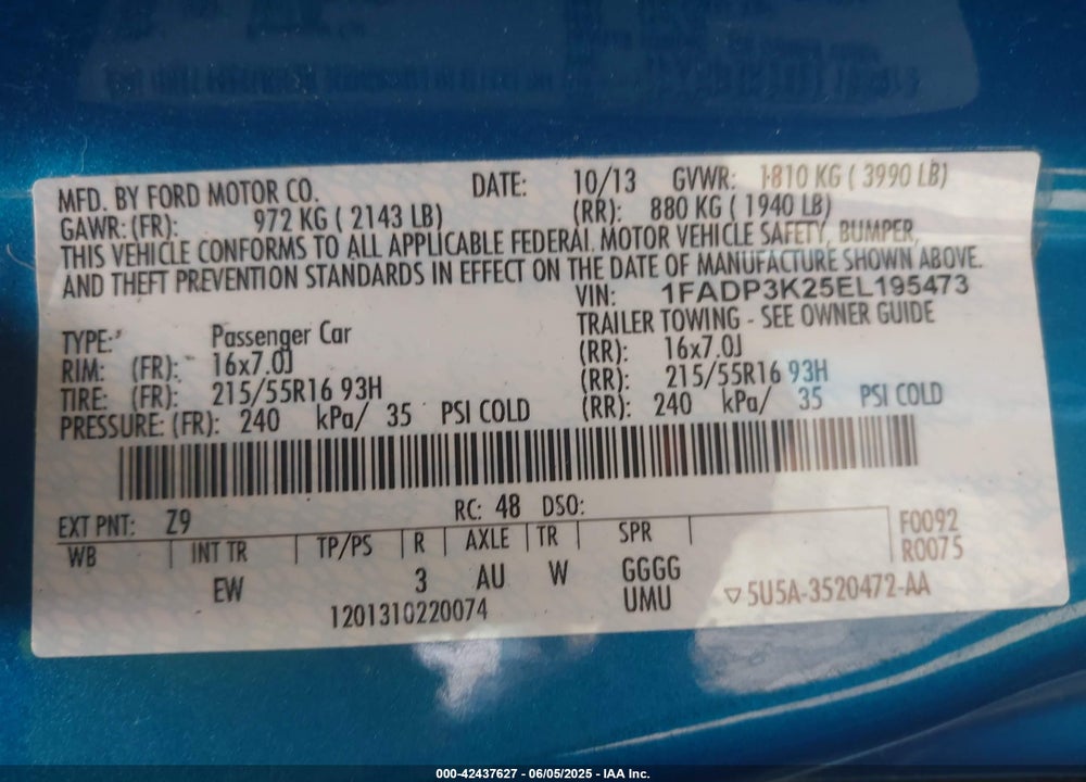 2014 FORD FOCUS SE VIN: 1FADP3K25EL195473