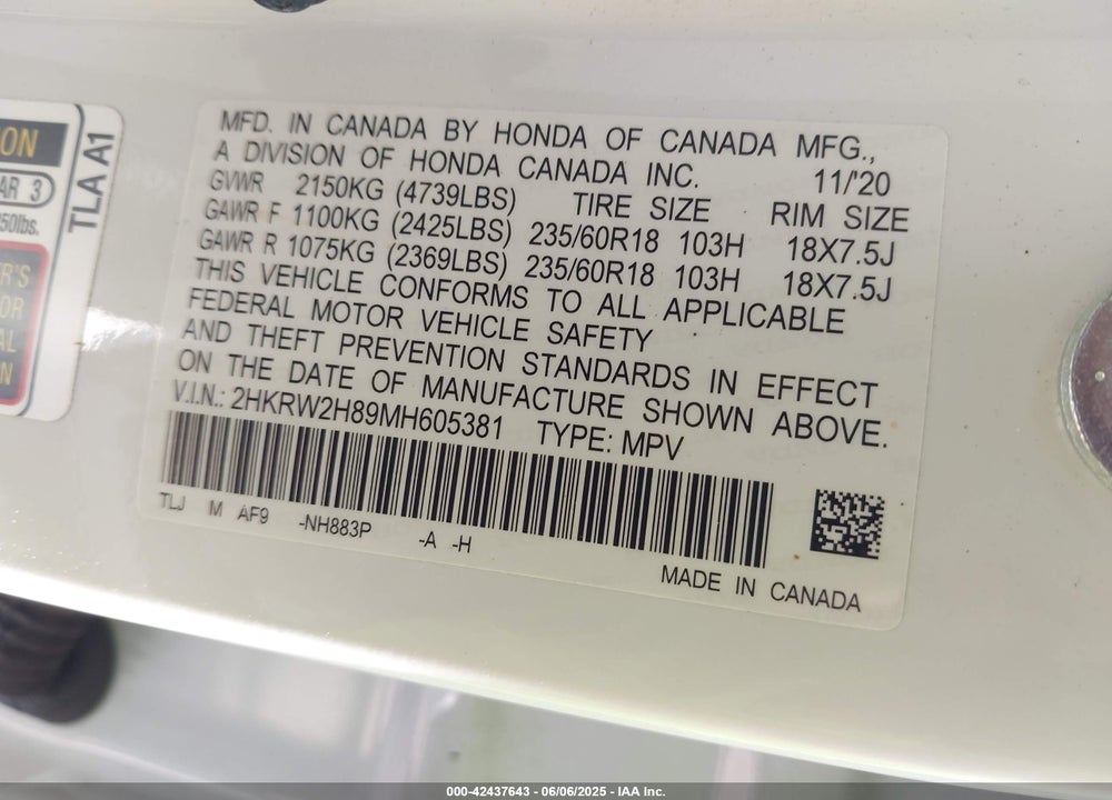 2021 HONDA CR-V VIN: 2HKRW2H89MH605381