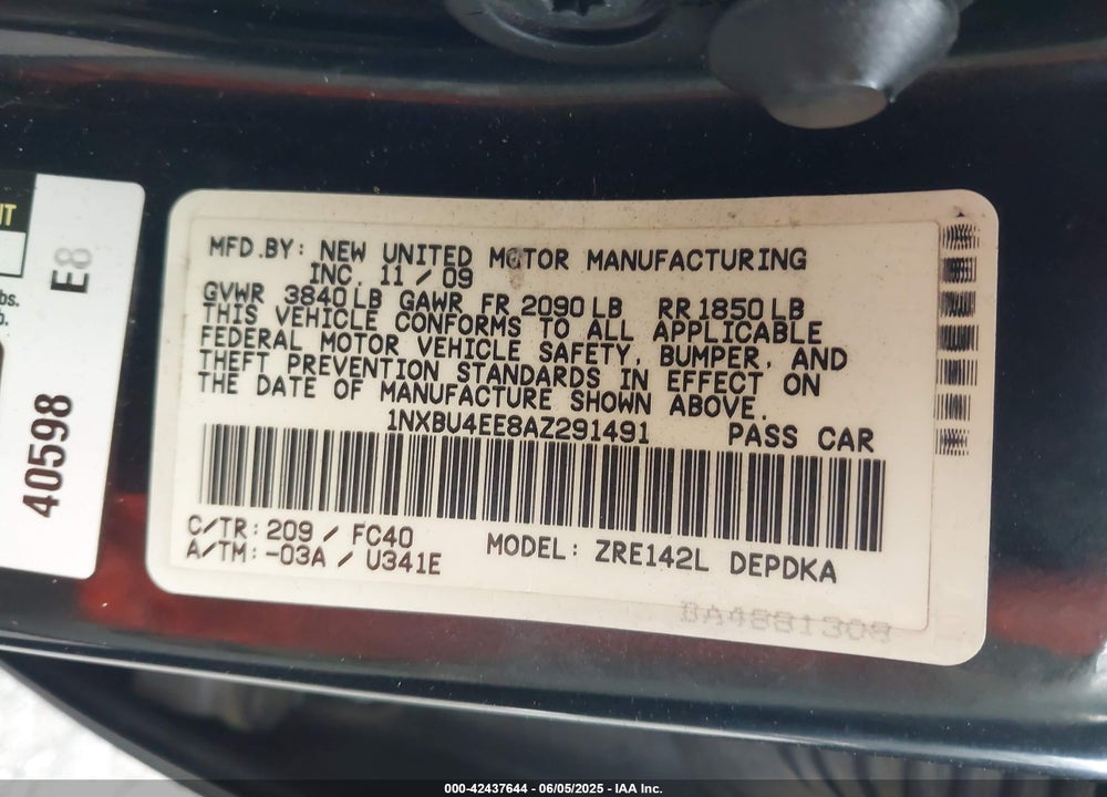 2010 TOYOTA COROLLA VIN: 1NXBU4EE8AZ291491