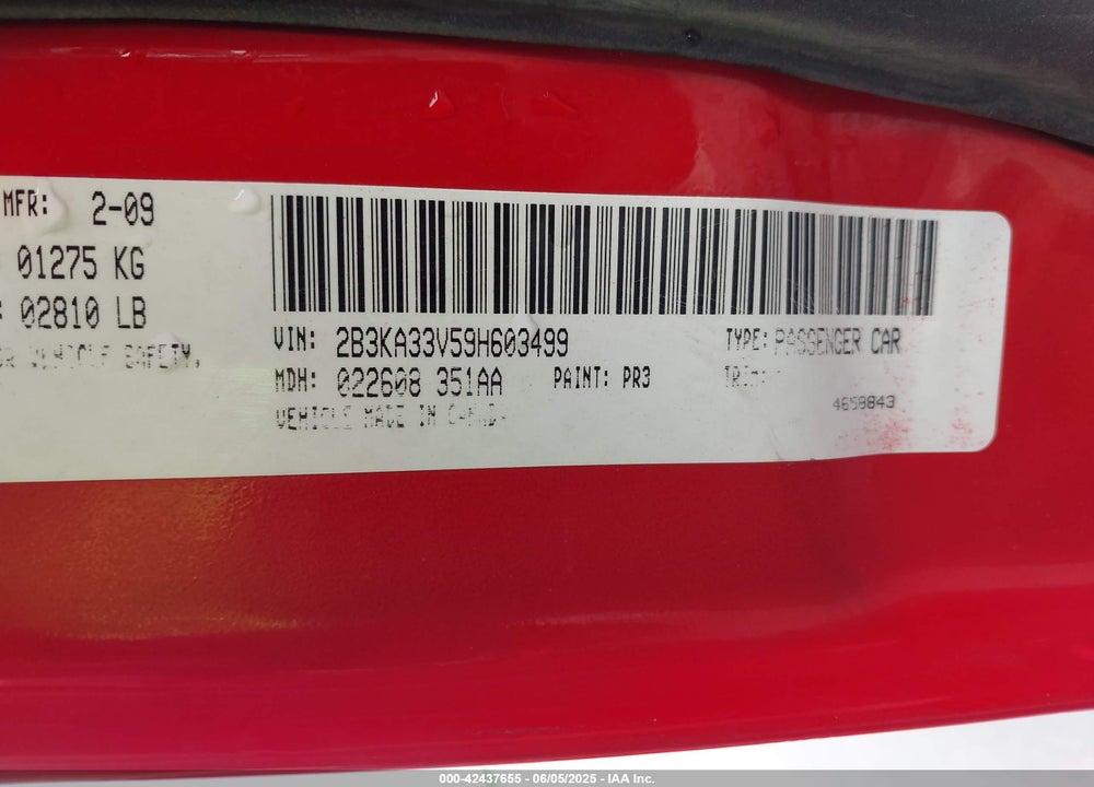 2009 DODGE CHARGER VIN: 2B3KA33V59H603499