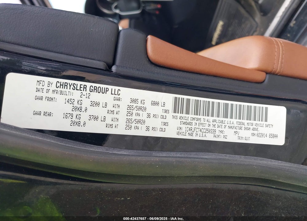 2012 JEEP GRAND CHEROKEE VIN: 1C4RJFCT4CC250339