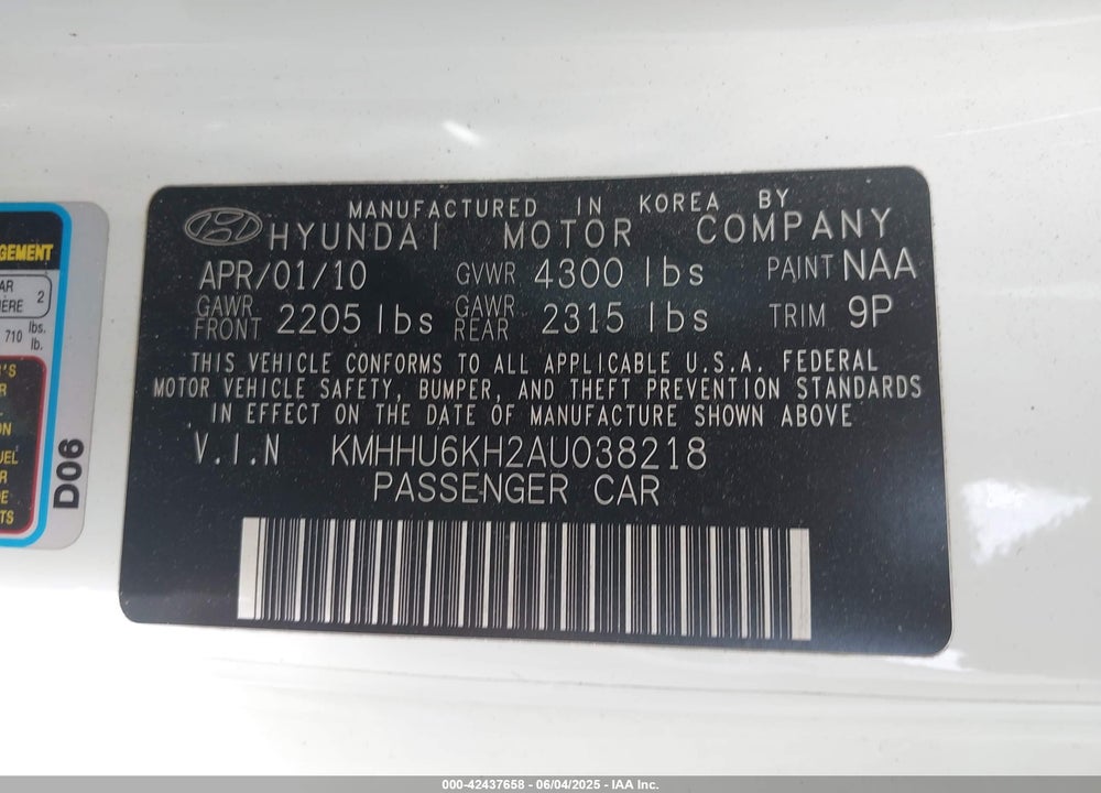 2010 HYUNDAI GENESIS VIN: KMHHU6KH2AU038218